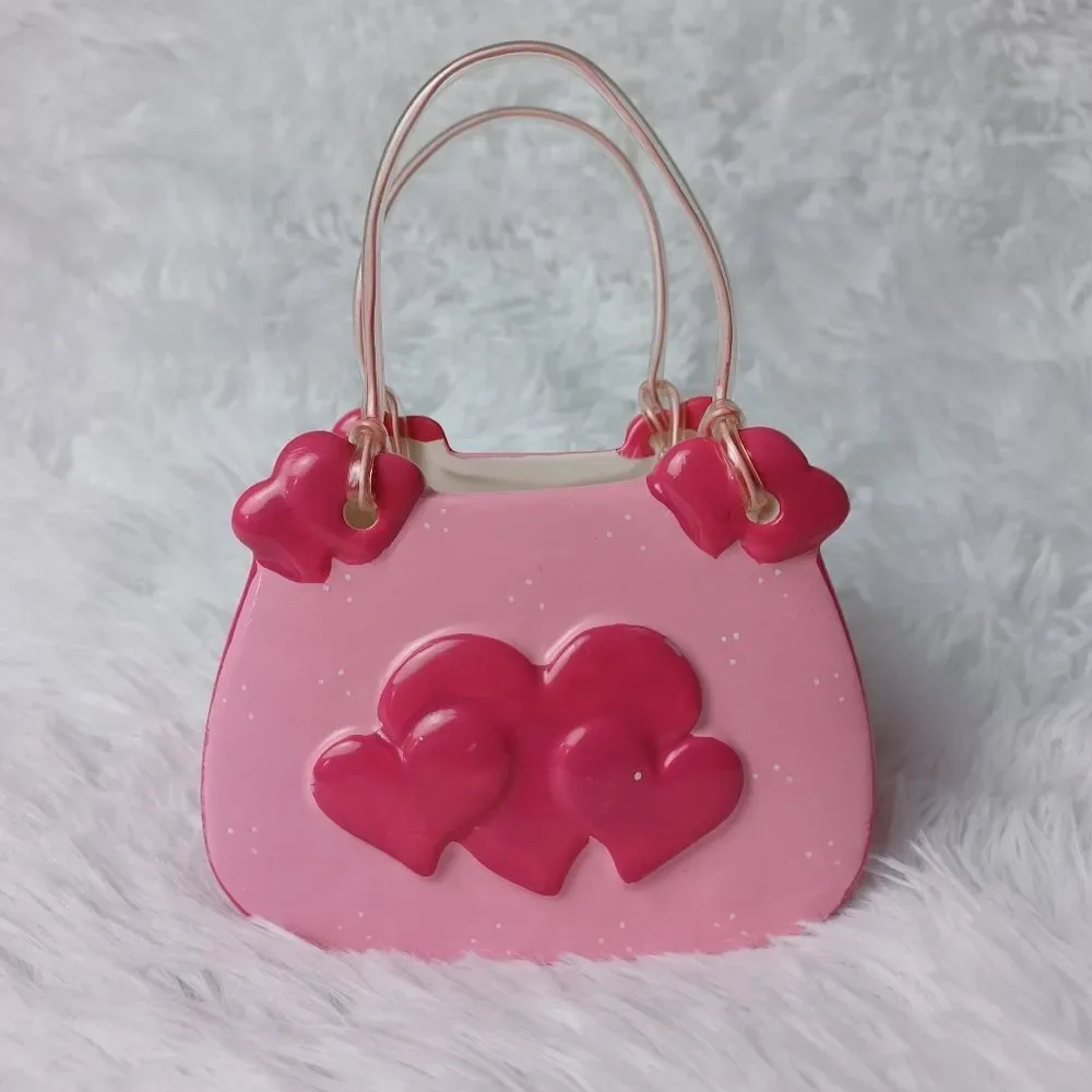 Pink Heart Ceramic Mini Purse Flower Planter Vase Table Centerpiece Decor